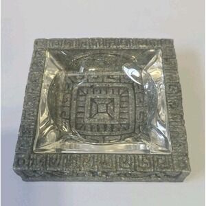 Vintage Rare MCM Azteco Square Ashtray With Glass Insert Green Tones